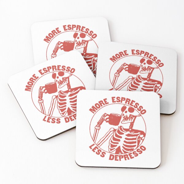 Item preview, More Espresso Less Depresso, Skeleton Drinking Coffee, Red designed and sold by anghelapparel.