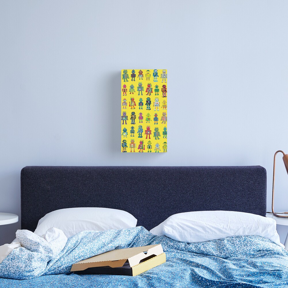 Robot Line-up on Yellow - fun pattern by Cecca Designs Canvas Print