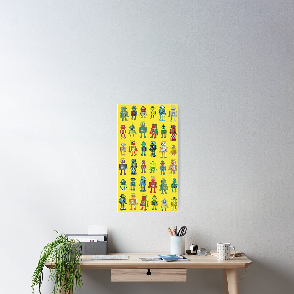 Robot Line-up on Yellow - fun pattern by Cecca Designs Poster