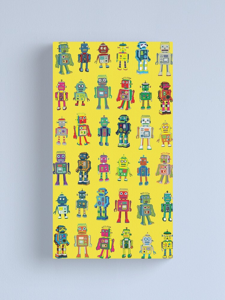 Alternate view of Robot Line-up on Yellow - fun pattern by Cecca Designs Canvas Print