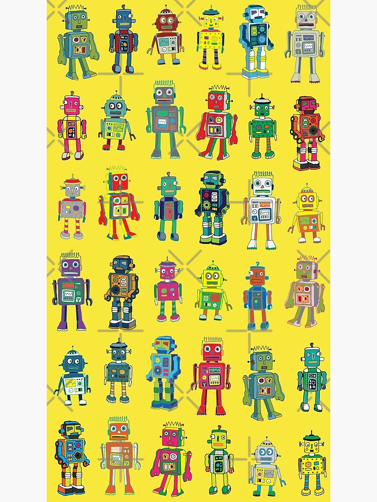 Robot Line-up on Yellow - fun pattern by Cecca Designs by Cecca-Designs
