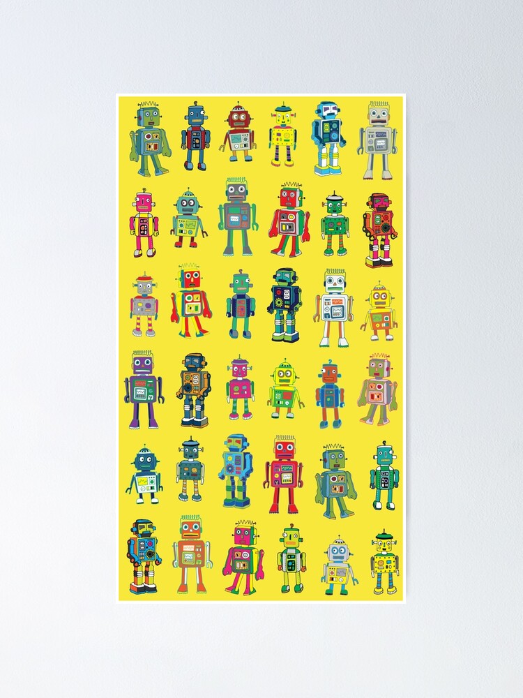 Alternate view of Robot Line-up on Yellow - fun pattern by Cecca Designs Poster
