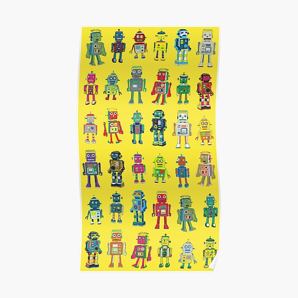 Robot Line-up on Yellow - fun pattern by Cecca Designs Poster