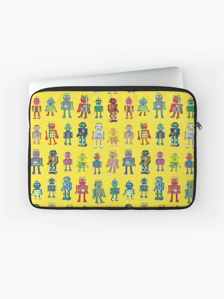 Thumbnail 1 of 2, Laptop Sleeve, Robot Line-up on Yellow - fun pattern by Cecca Designs designed and sold by Cecca-Designs.