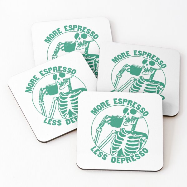 Item preview, More Espresso Less Depresso, Skeleton Drinking Coffee, Green designed and sold by anghelapparel.