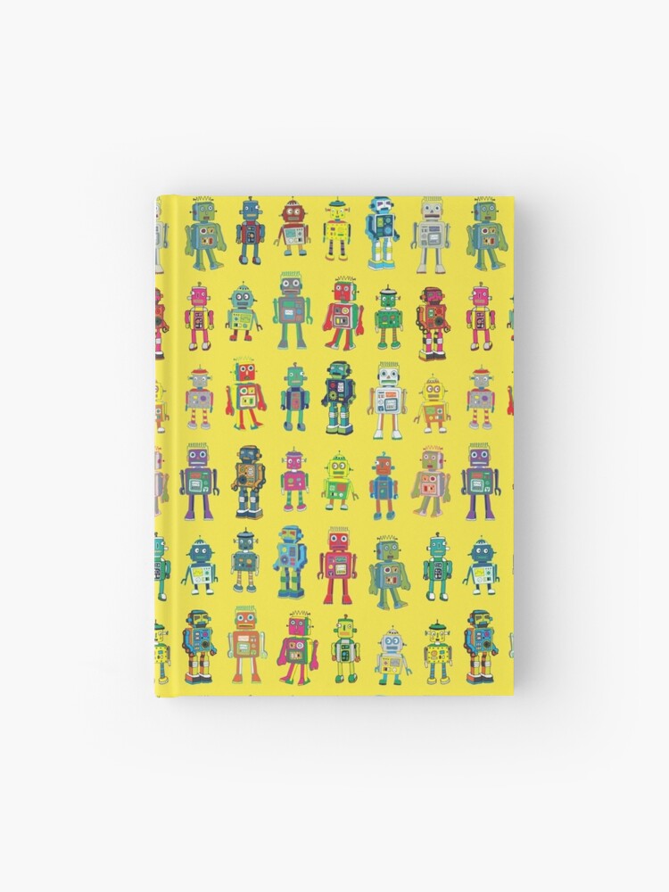 Thumbnail 1 of 3, Journal, Robot Line-up on Yellow - fun pattern by Cecca Designs designed and sold by Cecca-Designs.