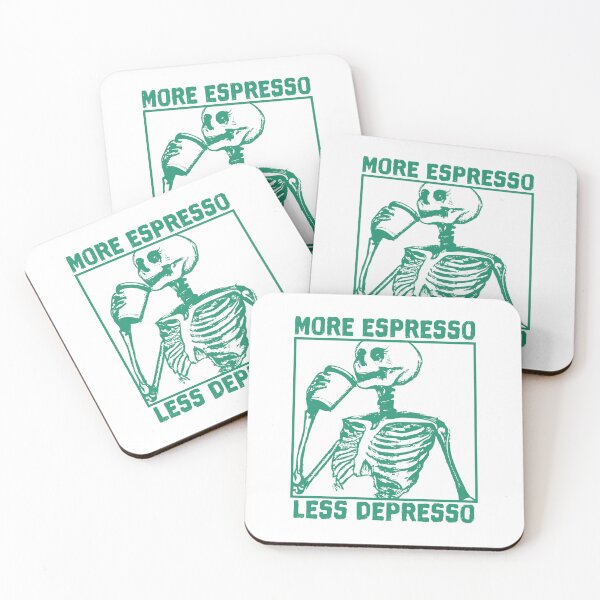 Item preview, More Espresso Less Depresso, Skeleton Drinking Coffee, Green designed and sold by anghelapparel.