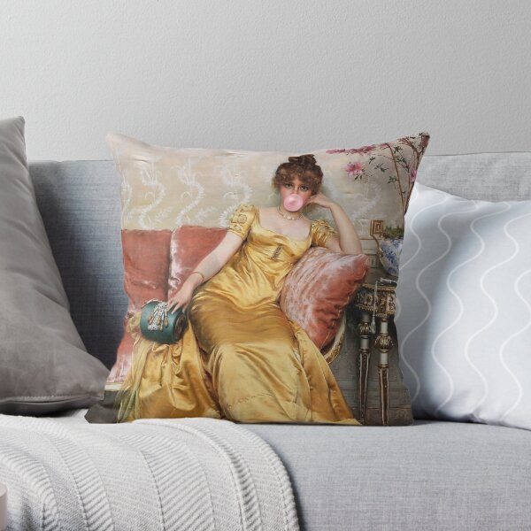 Elegant Lady With Bubblegum Vintage Altered Renaissance Art Throw Pillow