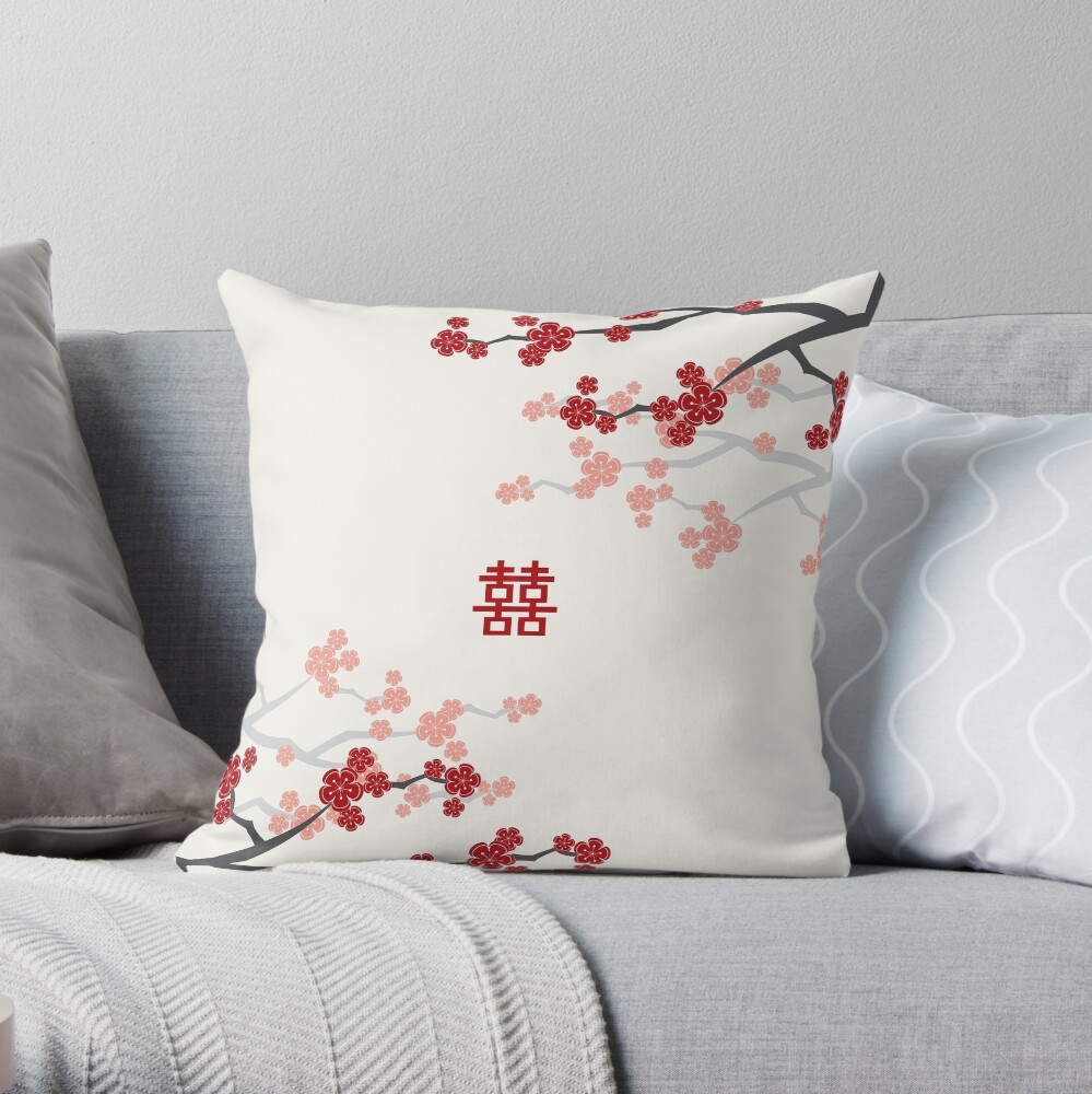 Red Oriental Cherry Blossoms on Ivory and Chinese Wedding Double Happiness | Japanese Sakura Throw Pillow