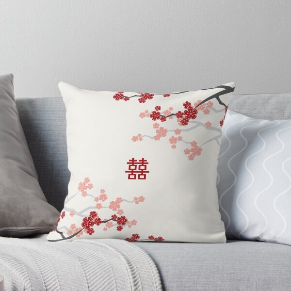 Item preview, Red Oriental Cherry Blossoms on Ivory and Chinese Wedding Double Happiness | Japanese Sakura © fatfatin   designed and sold by fatfatin.