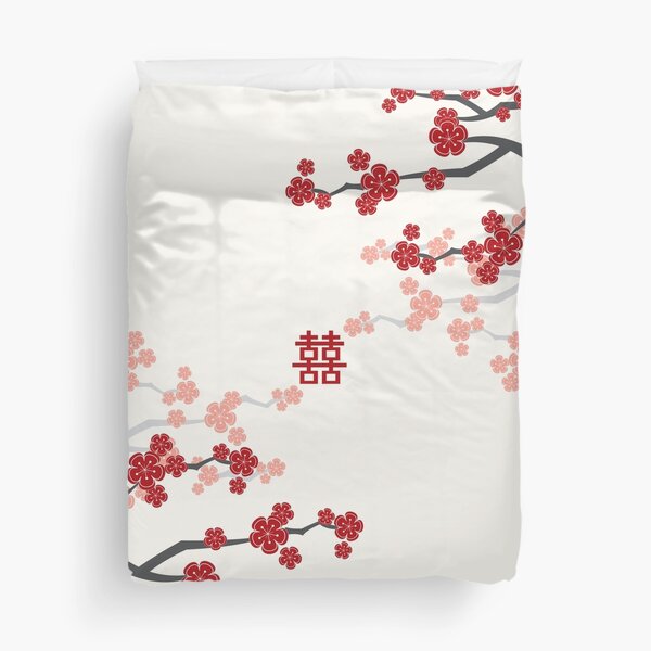 Red Oriental Cherry Blossoms on Ivory and Chinese Wedding Double Happiness | Japanese Sakura © fatfatin Duvet Cover