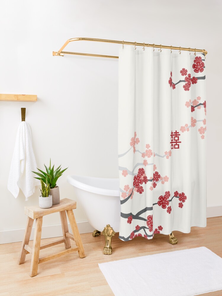 Alternate view of Red Oriental Cherry Blossoms on Ivory and Chinese Wedding Double Happiness | Japanese Sakura Shower Curtain