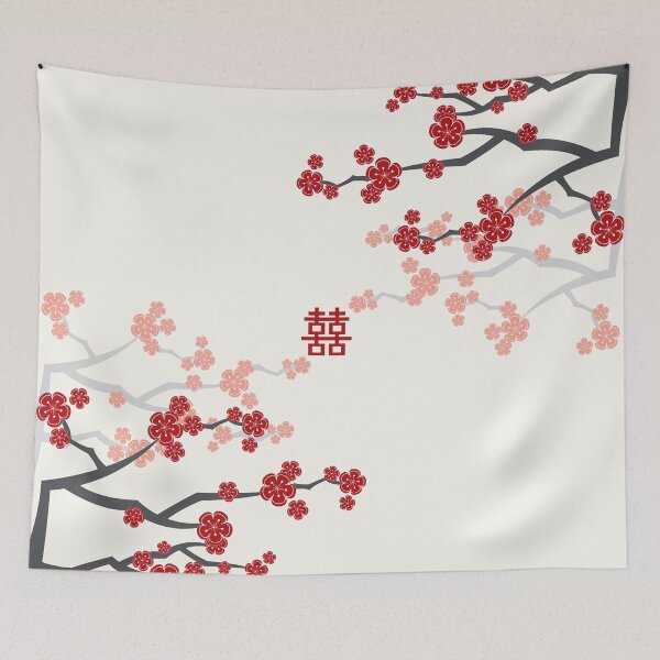 Item preview, Red Oriental Cherry Blossoms on Ivory and Chinese Wedding Double Happiness | Japanese Sakura © fatfatin   designed and sold by fatfatin.
