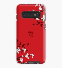Weiße orientalische Kirschblüten auf rotem und chinesischem Hochzeits-doppeltem Glück | Japanische Sakura Hülle & Klebefolie für Samsung Galaxy