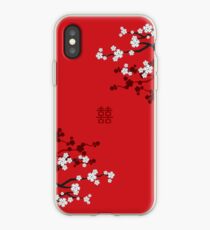 White Oriental Cherry Blossoms on Red and Chinese Wedding Double Happiness | Japanese Sakura iPhone Case