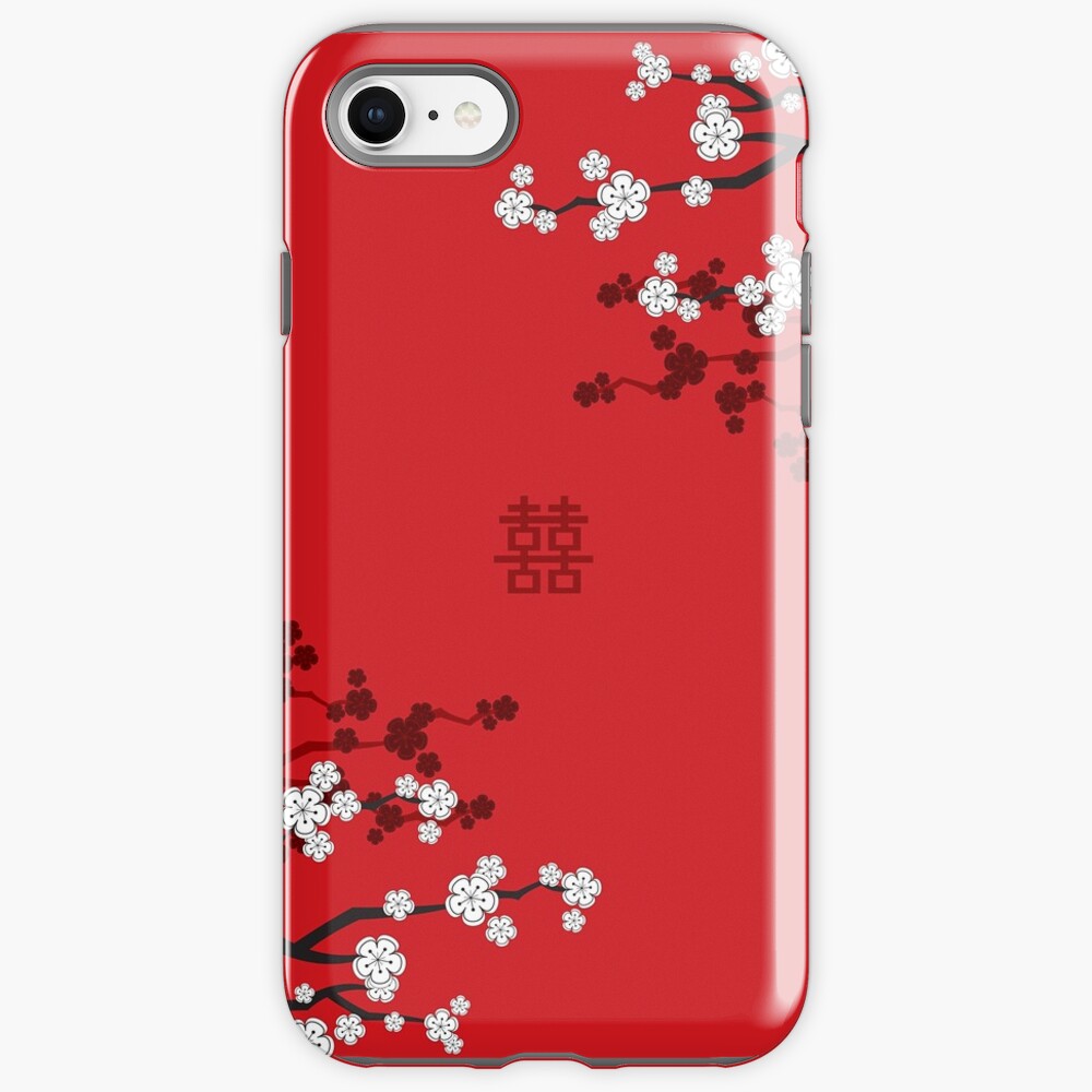 White Oriental Cherry Blossoms on Red and Chinese Wedding Double Happiness | Japanese Sakura © fatfatin iPhone Case & Cover