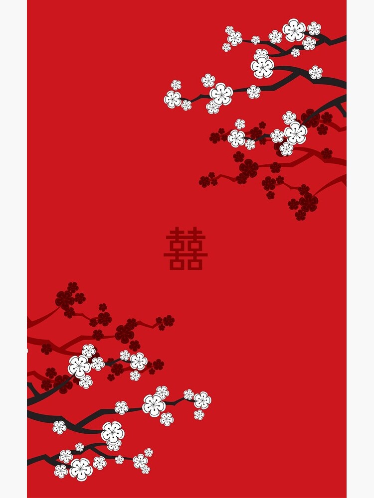 White Oriental Cherry Blossoms on Red and Chinese Wedding Double Happiness | Japanese Sakura © fatfatin by fatfatin