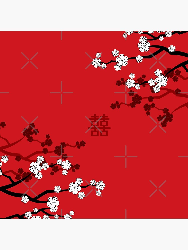White Oriental Cherry Blossoms on Red and Chinese Wedding Double Happiness | Japanese Sakura © fatfatin by fatfatin