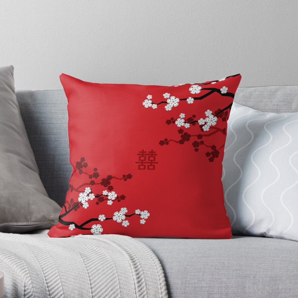 White Oriental Cherry Blossoms on Red and Chinese Wedding Double Happiness | Japanese Sakura © fatfatin Throw Pillow