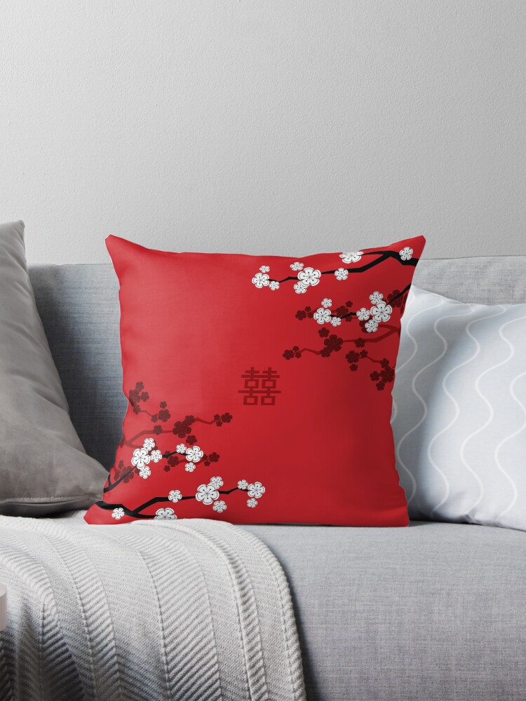 Thumbnail 1 of 4, Pillow, White Oriental Cherry Blossoms on Red and Chinese Wedding Double Happiness | Japanese Sakura © fatfatin  designed and sold by fatfatin.