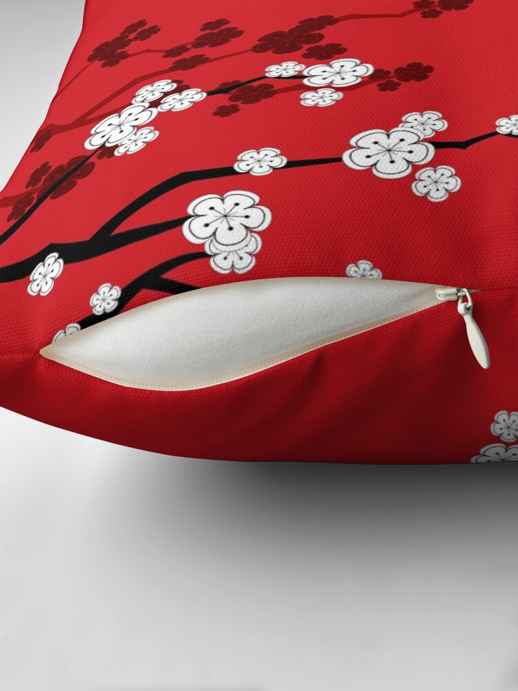Thumbnail 2 of 4, Pillow, White Oriental Cherry Blossoms on Red and Chinese Wedding Double Happiness | Japanese Sakura © fatfatin  designed and sold by fatfatin.