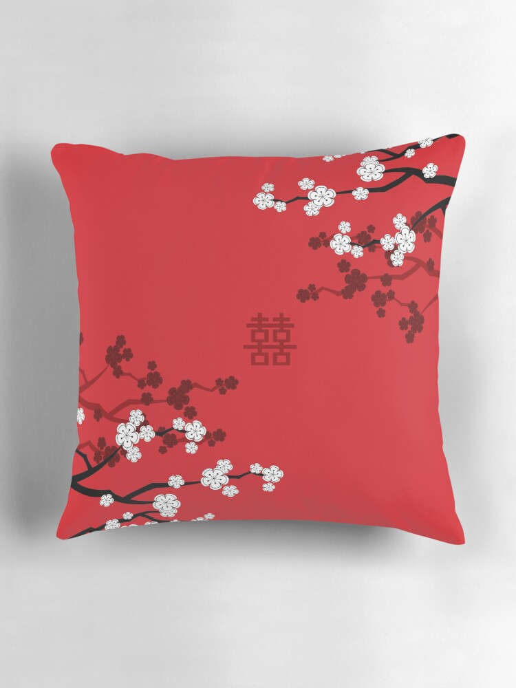 Thumbnail 3 of 4, Pillow, White Oriental Cherry Blossoms on Red and Chinese Wedding Double Happiness | Japanese Sakura © fatfatin  designed and sold by fatfatin.