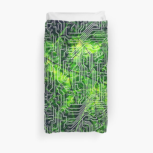 Cyborg Assimilation Black, Green and White Circuit Board Grunge Pattern Duvet Cover