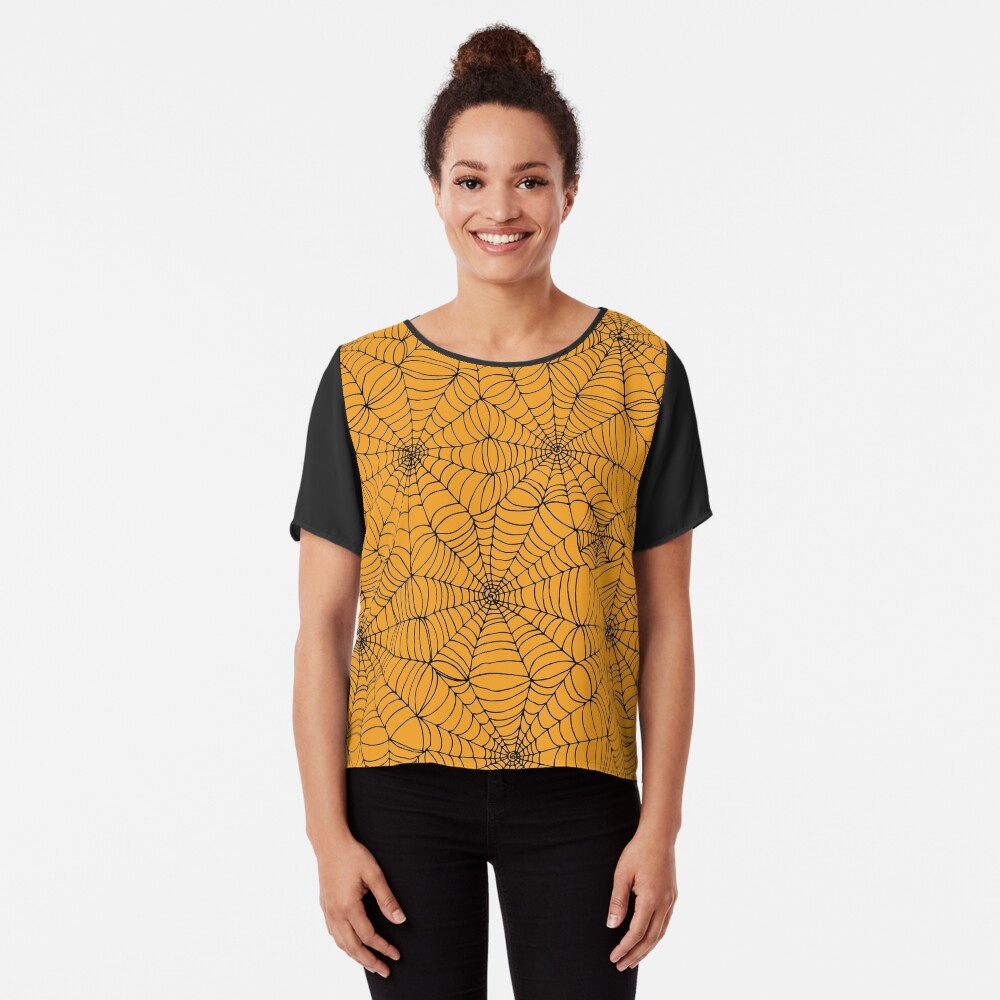 Spider Web Pattern - Black on Orange - Halloween pattern by Cecca Designs Chiffon Top