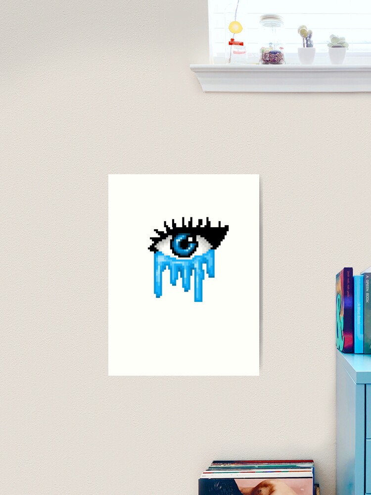 pixel art blue eyes with blue water drops