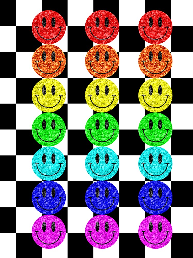 "Y2K Checkerboard Smiley Face Rainbow Glitter Gradient Nostalgic