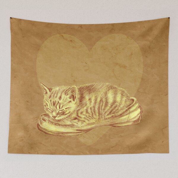 Item preview, Sleeping kitten in old shoe on heart background - marbling brown version designed and sold by SylvieG18.