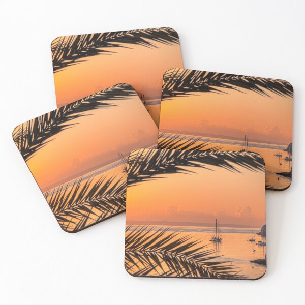 Item preview, Golden hour print. Before Sunrise over Palma Nova bay. Palm trees and sail boats in this Mediterranean bay designed and sold by Drew McAvoy.