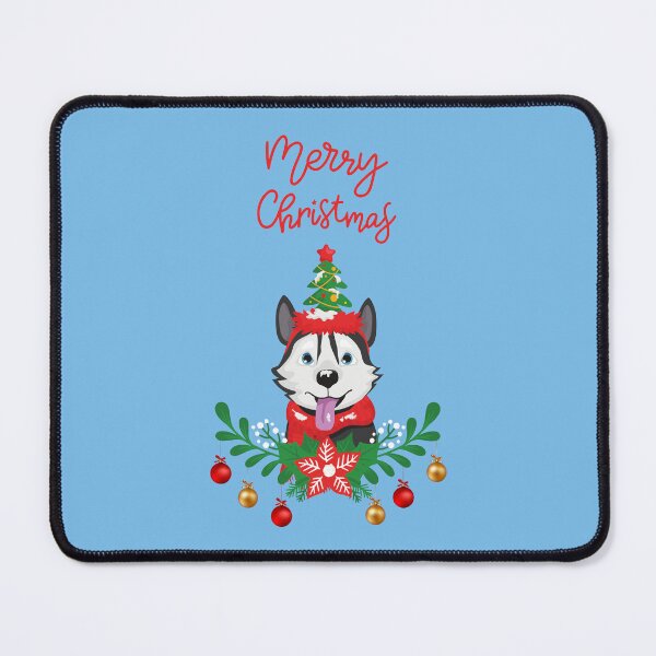 Artikelvorschau, Husky-Hund (Chukcha) mit grünem Mistelzweig und bunten Kugeln, festlichem Baum auf dem Kopf und frohem Weihnachtsschild entworfen und verkauft von SeasonalDogs.