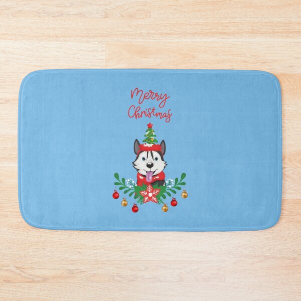 Item preview, Husky Dog (Chukcha) with Green Mistletoe and Colorful Baubles, Festive Tree on its Head and Merry Christmas Sign designed and sold by SeasonalDogs.