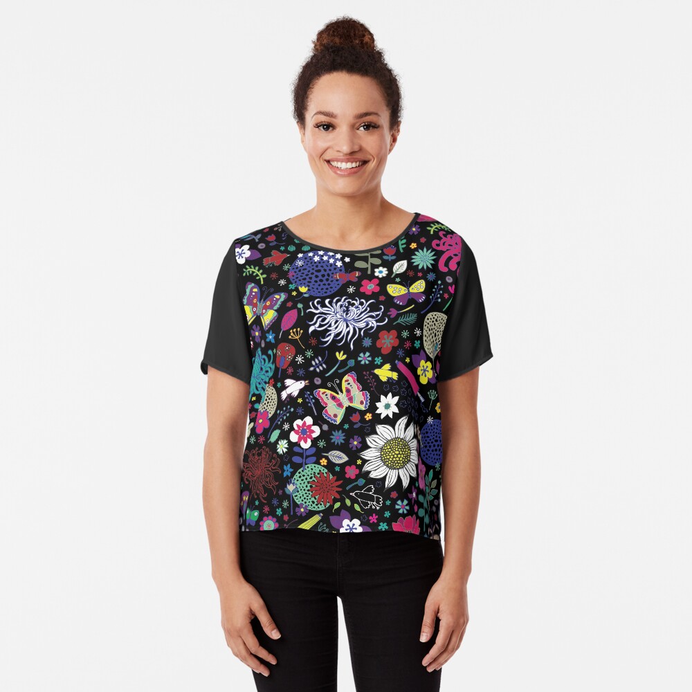 Japanese Garden - Multicolored on Black - exotic floral pattern by a Cecca Designs Chiffon Top