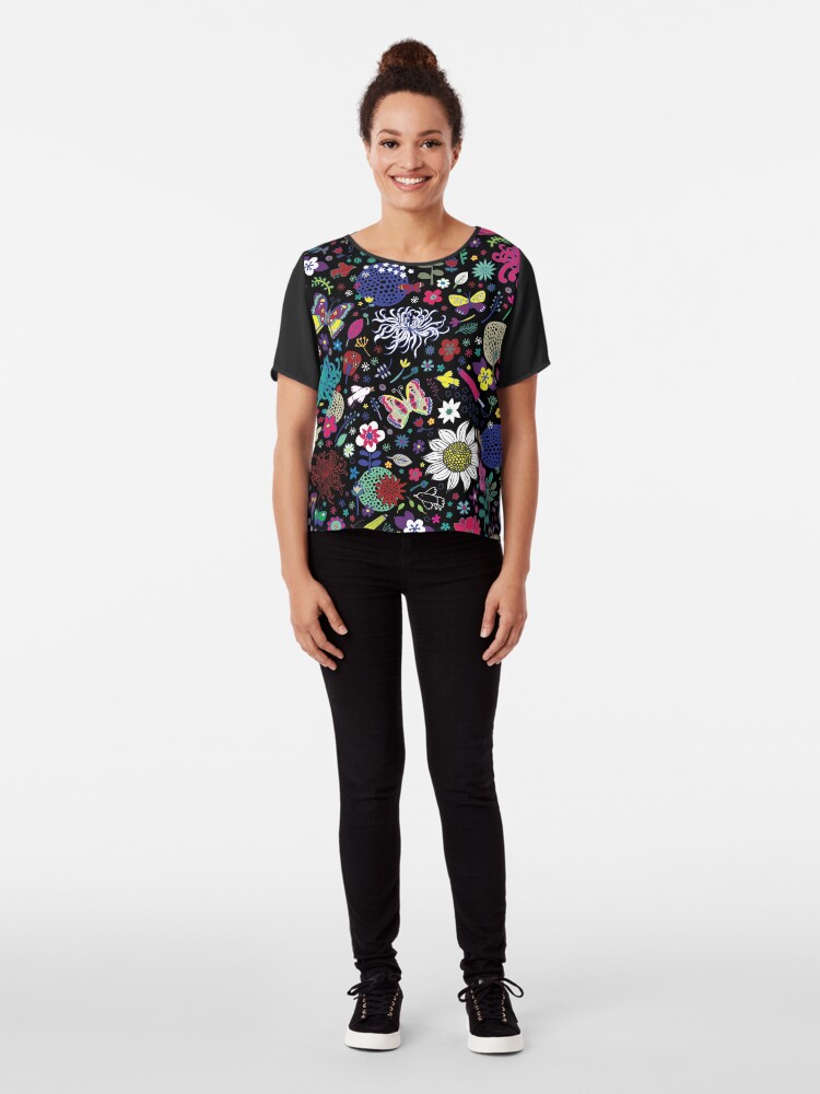 Alternate view of Japanese Garden - Multicolored on Black - exotic floral pattern by a Cecca Designs Chiffon Top
