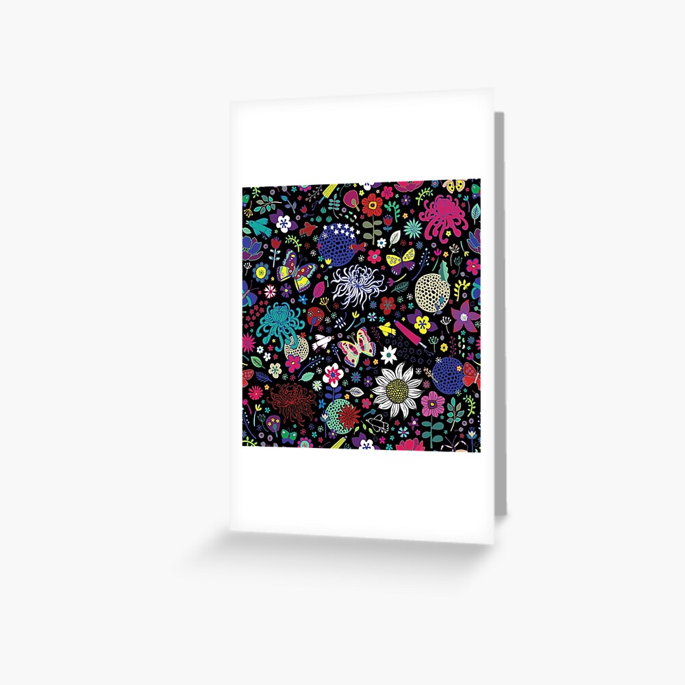 Japanese Garden - Multicolored on Black - exotic floral pattern by a Cecca Designs Greeting Card