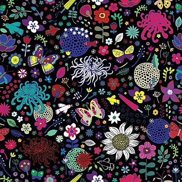 Artwork thumbnail, Japanese Garden - Multicolored on Black - exotic floral pattern by a Cecca Designs by Cecca-Designs