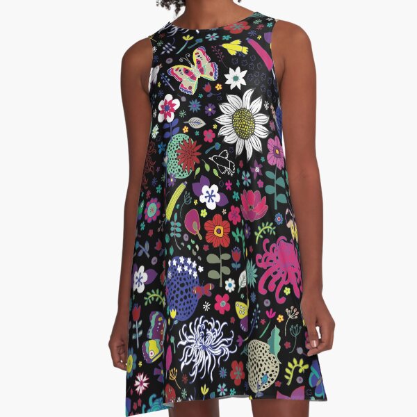 Japanese Garden - Multicolored on Black - exotic floral pattern by a Cecca Designs A-Line Dress