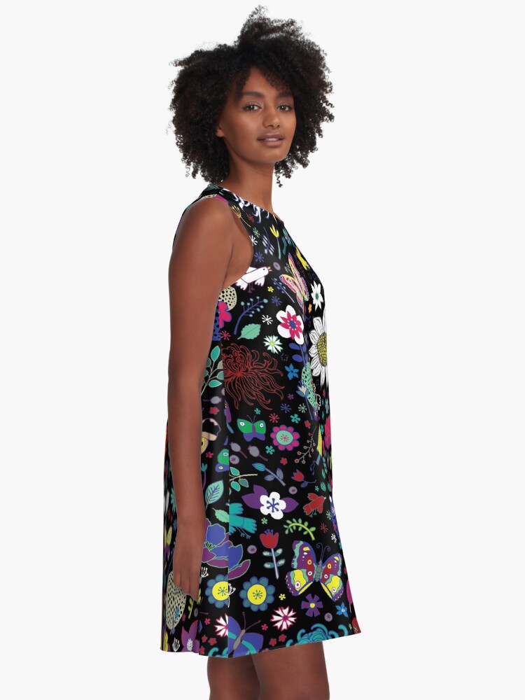 Alternate view of Japanese Garden - Multicolored on Black - exotic floral pattern by a Cecca Designs A-Line Dress