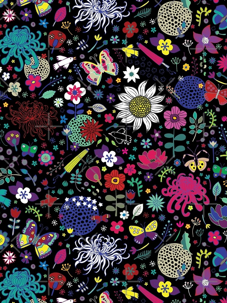 Japanese Garden - Multicolored on Black - exotic floral pattern by a Cecca Designs by Cecca-Designs