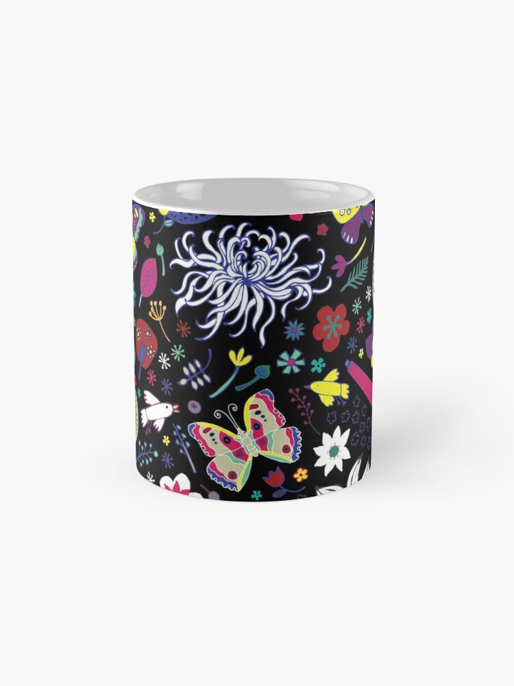 Alternate view of Japanese Garden - Multicolored on Black - exotic floral pattern by a Cecca Designs Coffee Mug