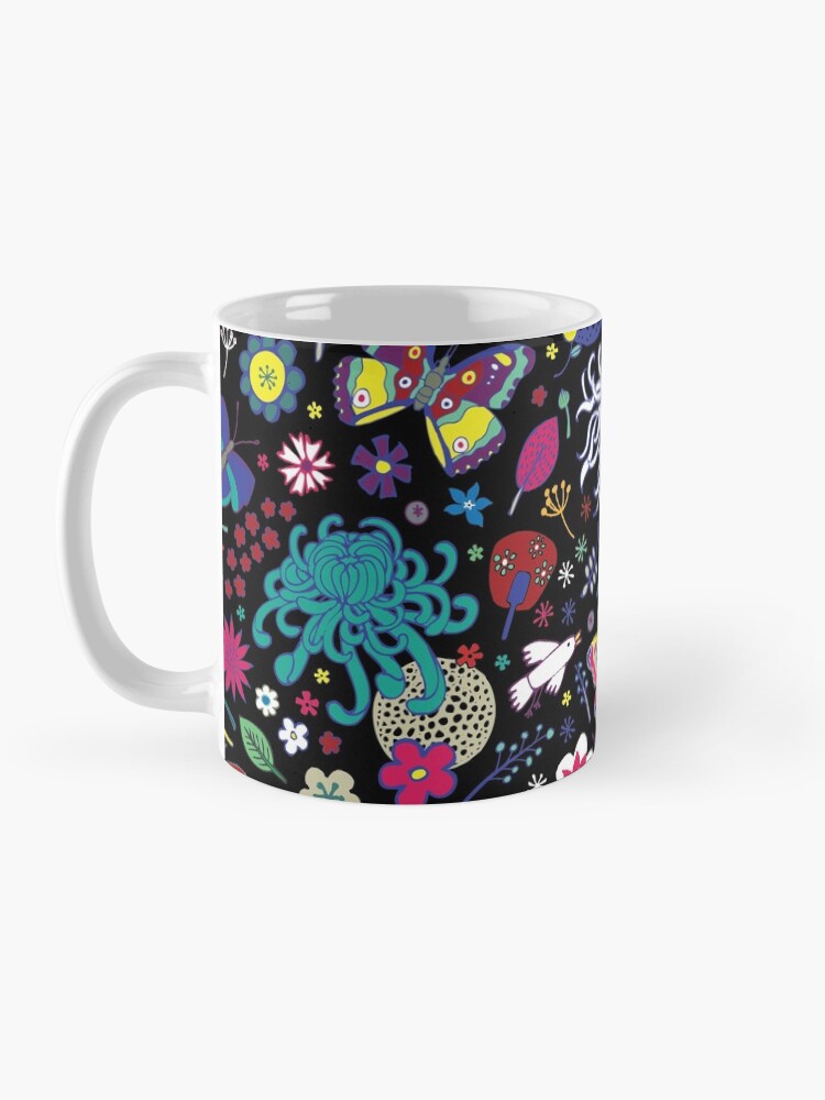 Alternate view of Japanese Garden - Multicolored on Black - exotic floral pattern by a Cecca Designs Coffee Mug