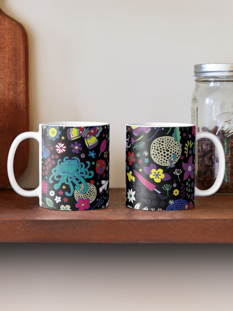 Alternate view of Japanese Garden - Multicolored on Black - exotic floral pattern by a Cecca Designs Coffee Mug