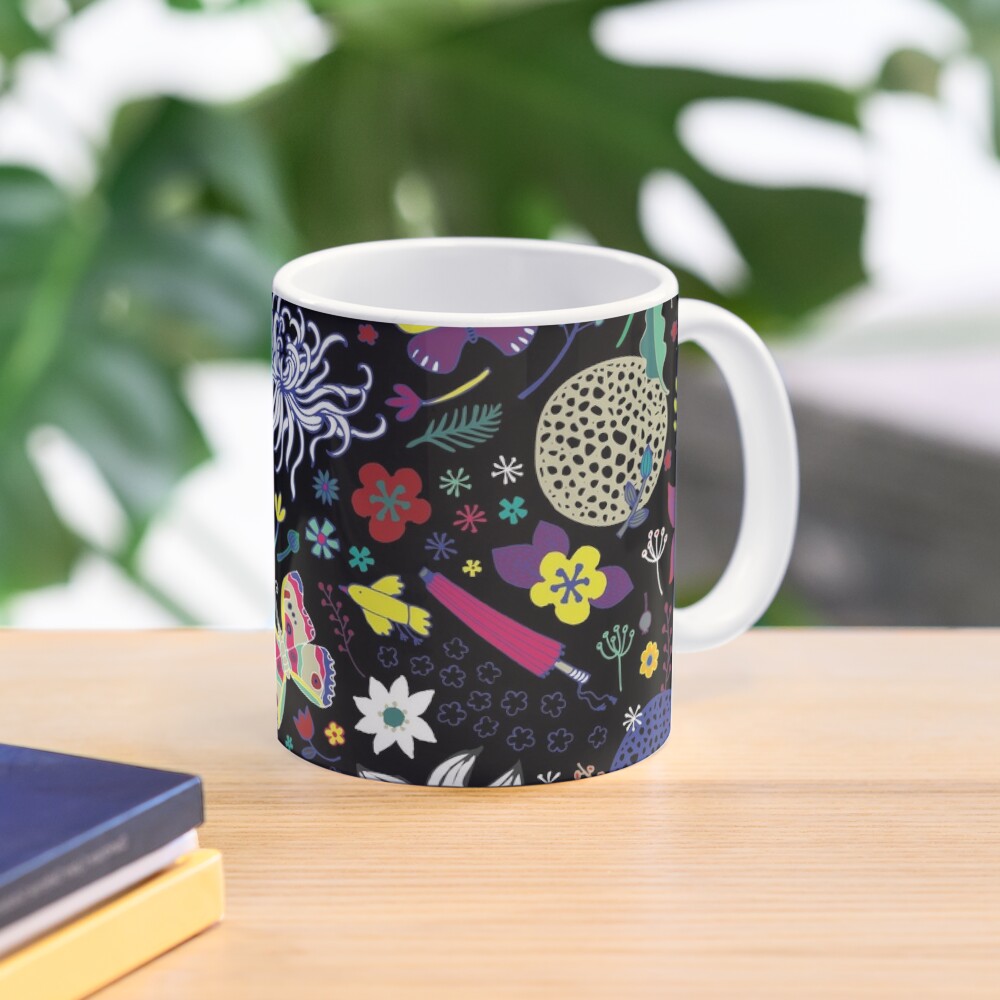 Japanese Garden - Multicolored on Black - exotic floral pattern by a Cecca Designs Coffee Mug