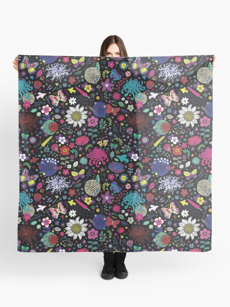 Thumbnail 1 of 3, Scarf, Japanese Garden - Multicolored on Black - exotic floral pattern by a Cecca Designs designed and sold by Cecca-Designs.