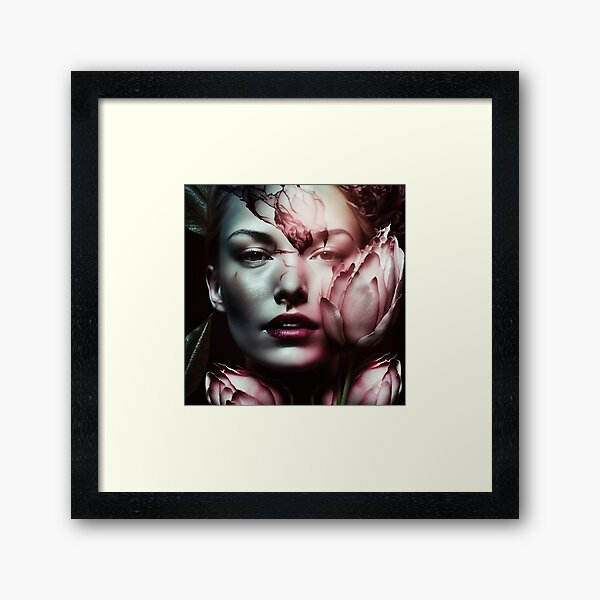 Woman portrait double exposure flowers tulips fashion modern art Framed Art Print