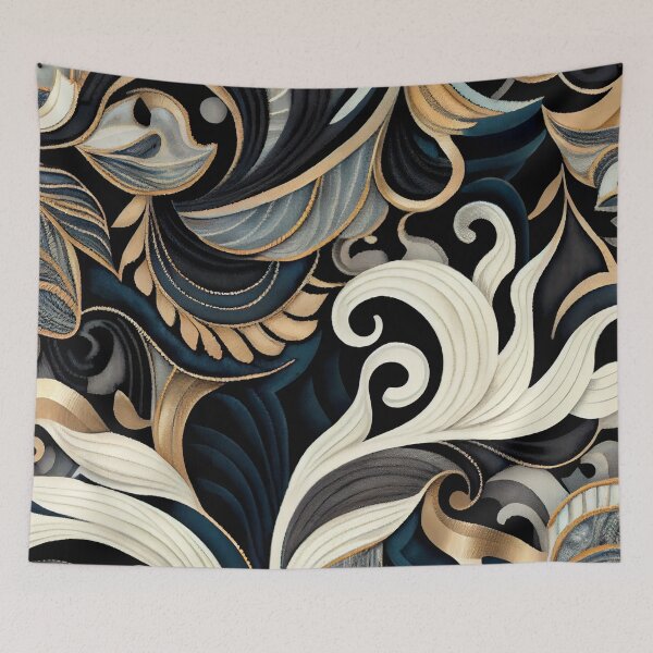 Aperçu de l'œuvre Modern Abstract Elegant Gold Black and White Floral Design Digital Painting créée et vendue par CodeAndColors.