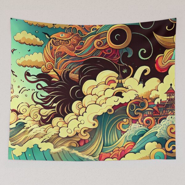 Aperçu de l'œuvre Abstract Asian Aesthetic Sky Water and City Design Digital Painting créée et vendue par CodeAndColors.