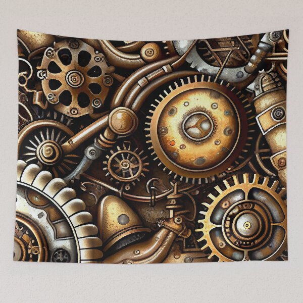 Aperçu de l'œuvre Gold and Metallic Steampunk Drawing Pattern Digital Painting créée et vendue par CodeAndColors.